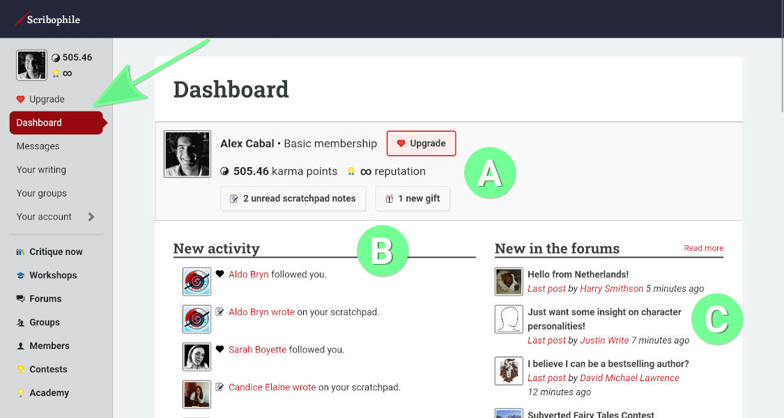 Your Scribophile dashboard.