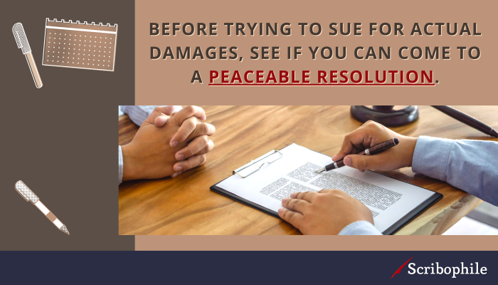 Before trying to sue for actual damages, see if you can come to a peaceable resolution.
