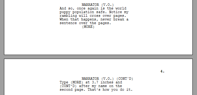 An example of dialog split across pages in a screenplay manuscript.