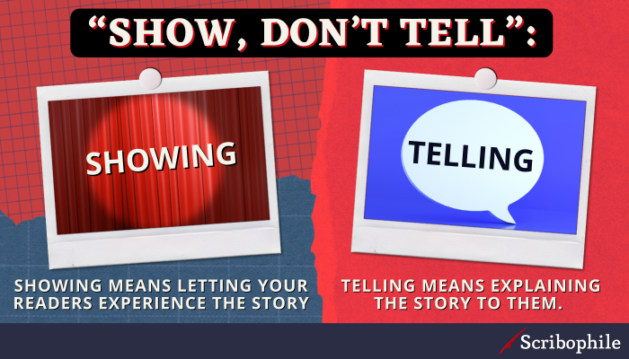 “Show, don’t tell”: Showing means letting your readers experience the story; Telling means explaining the story to them. (Image: spotlight on “showing,” speech bubble around “telling”)