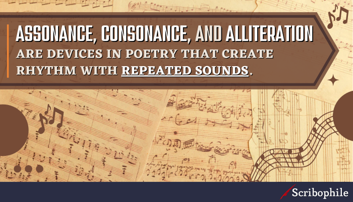 Assonance, consonance, and alliteration are devices in poetry that create rhythm with repeated sounds.