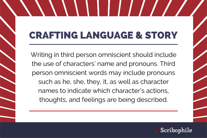 Writing in third person omniscient PoV should include the use of characters’ names and pronouns.