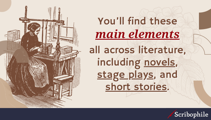 You’ll find these main elements all across literature, including novels, stage plays, and short stories.