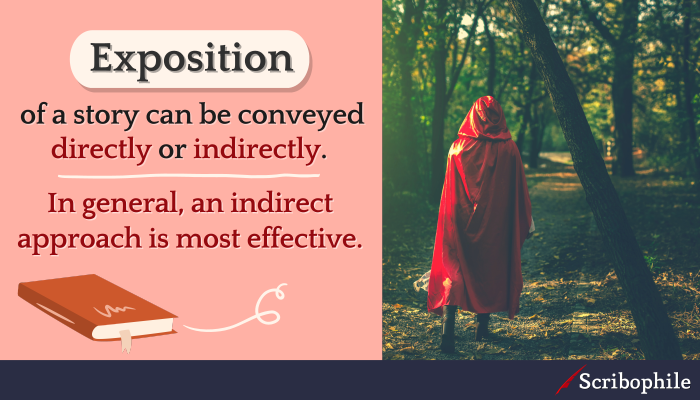 Exposition of a story can be conveyed directly or indirectly. In general, an indirect approach is most effective.