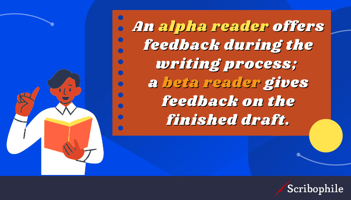 An alpha reader offers feedback during the writing process; a beta reader gives feedback on the finished draft.