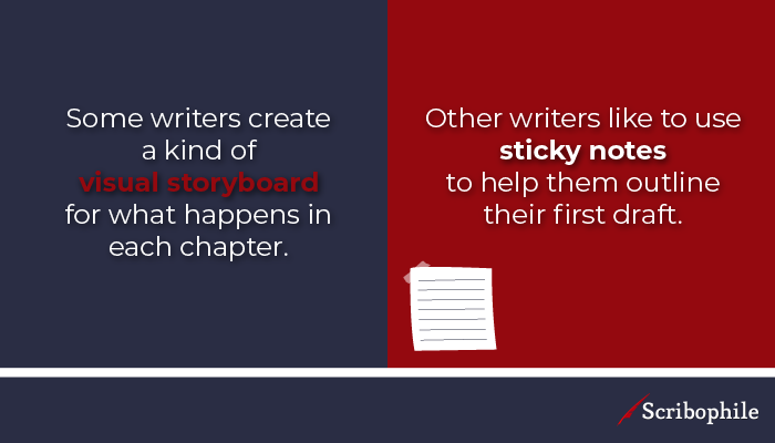 Some writers create a kind of visual storyboard for what happens in each chapter. Other writers like to use sticky notes to help them outline their first draft.