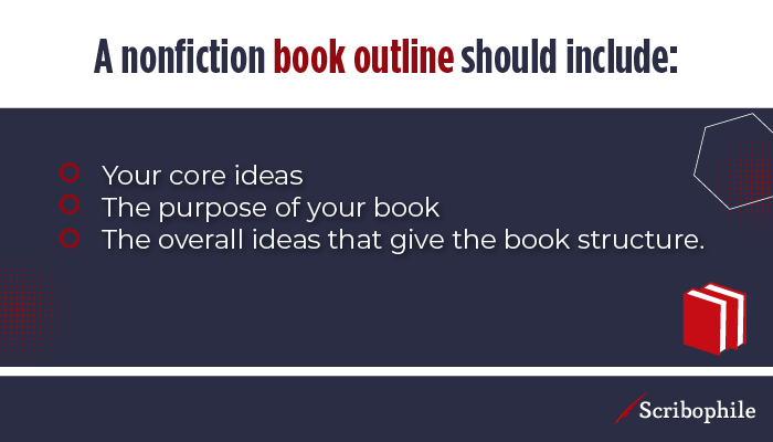 A nonfiction book outline should include your core ideas, the purpose of your book, and the overall ideas that give the book structure. 