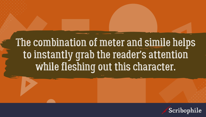 The combination of meter and simile helps to instantly grab the reader’s attention while fleshing out this character.