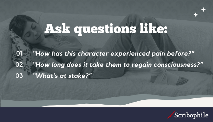 Ask questions like: “How has this character experienced pain before?” ; “How long does it take them to regain consciousness?” ; “What’s at stake?”