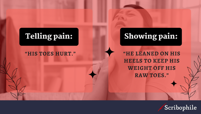 Telling pain: “His toes hurt.” Showing pain: “He leaned on his heels to keep his weight off his raw toes.”