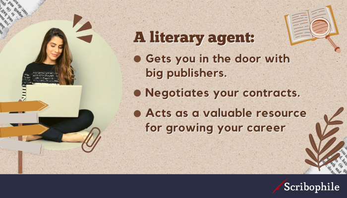 A literary agent: 1. Gets you in the door with big publishers. 2. Negotiates your contracts. 3. Acts as a valuable resource for growing your career