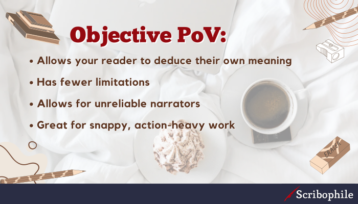 Objective PoV: Allows your reader to deduce their own meaning, Has fewer limitations, Allows for unreliable narrators, Great for snappy, action-heavy work