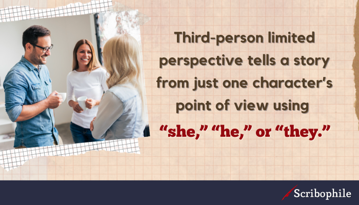 Third-person limited perspective tells a story from just one character’s point of view using “she,” “he,” or “they.” 
