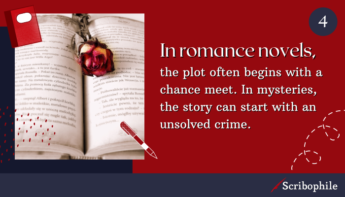 In romance novels, the plot often begins with a chance meet. In mysteries, the story can start with an unsolved crime.
