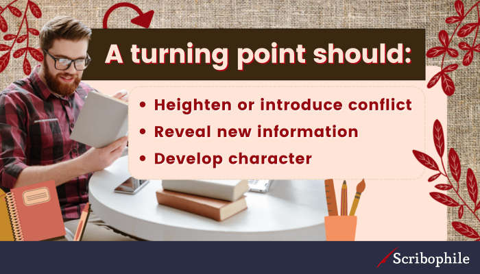 A turning point should: Heighten or introduce conflict; Reveal new information; Develop character