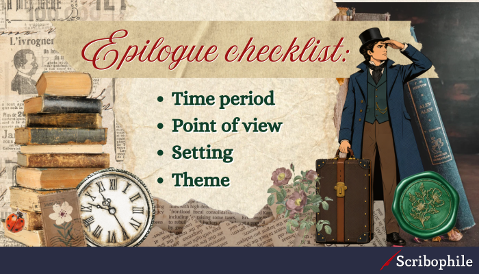 Epilogue checklist: [bulletpoint list] Time period; Point of view; Setting; Theme