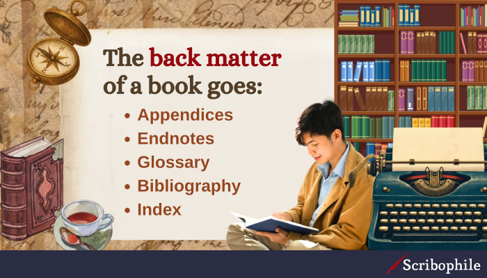 The back matter of a book goes: [bulletpoint list] Appendices ; Endnotes ; Glossary ; Bibliography ; Index