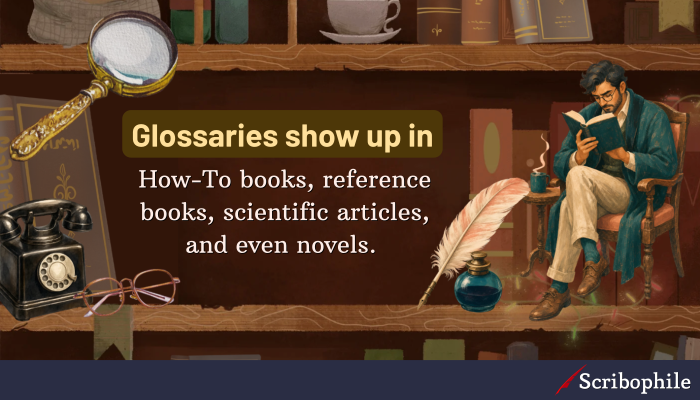 Glossaries show up in How-To books, reference books, scientific articles, and even novels. 