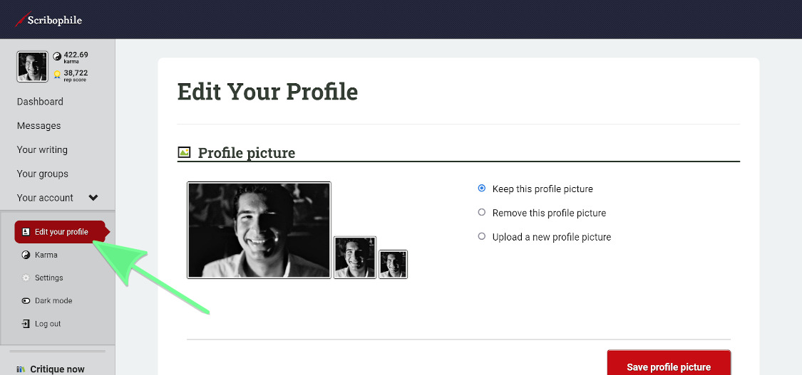 The navigation sidebar with an arrow pointing to the “Edit profile” option.