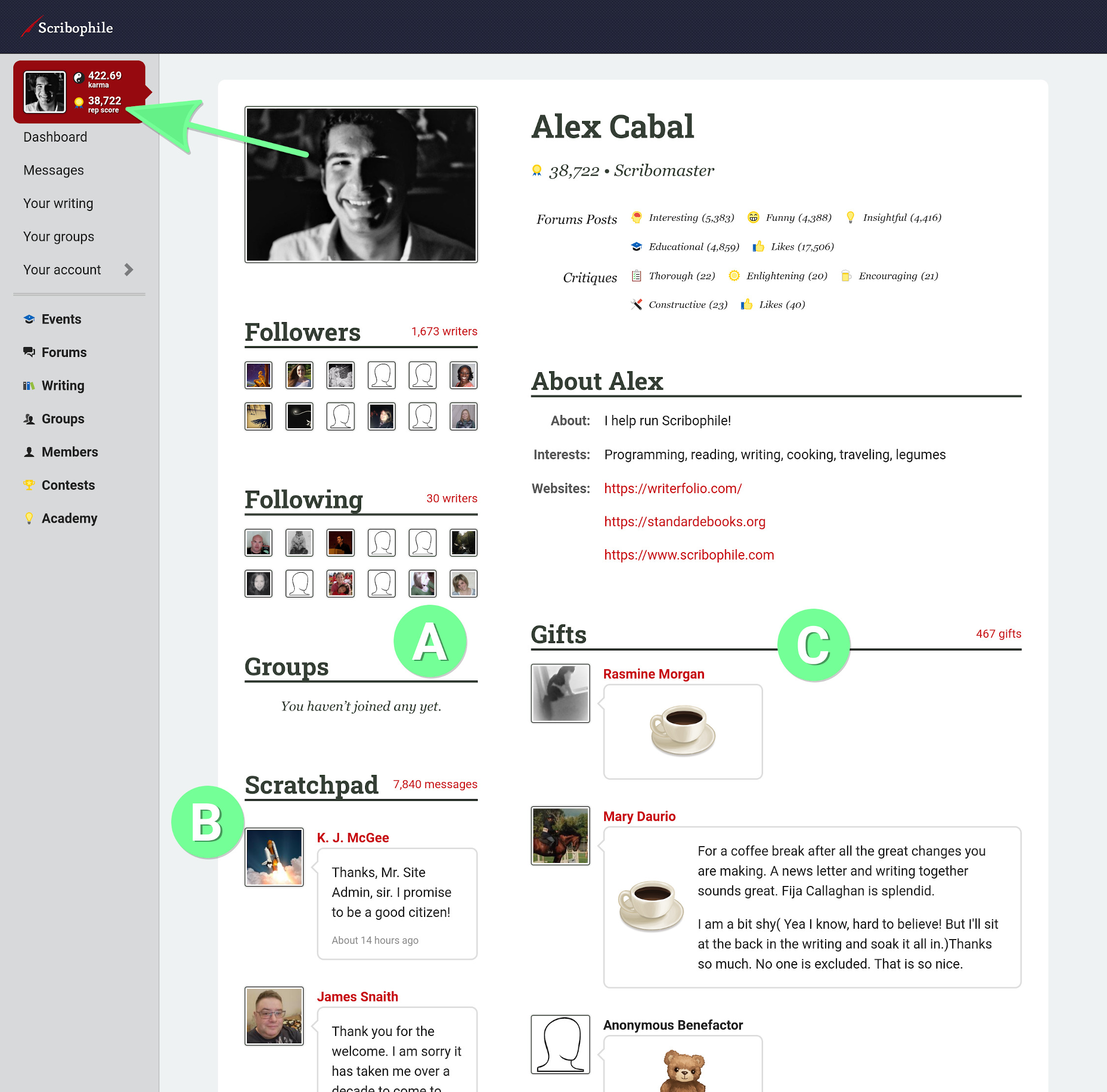 A member’s profile page